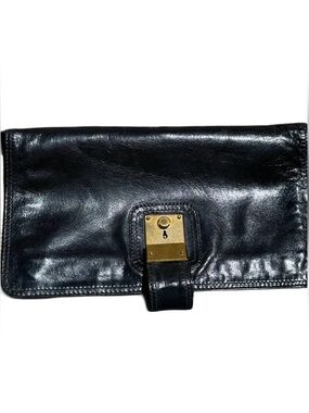 PETER CIORIT ITALIAN COLLECTION Black Leather Flap Wallet with Gold Lock Accent